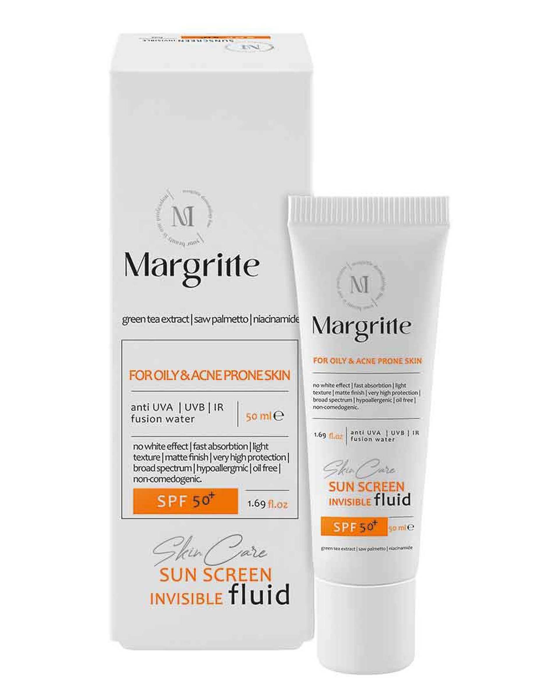 فلوئید ضد آفتاب بی رنگ SPF50 مارگریت مناسب پوست چرب و مستعد آکنه حجم 50ml