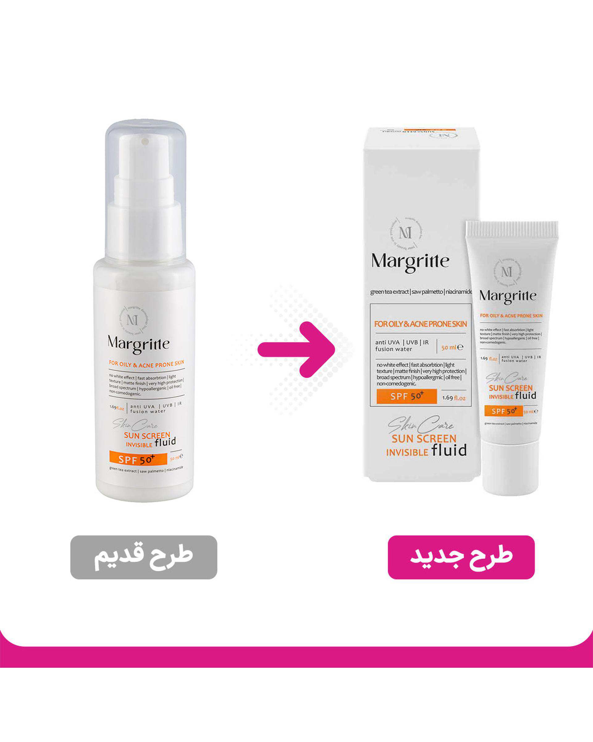 فلوئید ضد آفتاب بی رنگ SPF50 مارگریت مناسب پوست چرب و مستعد آکنه حجم 50ml