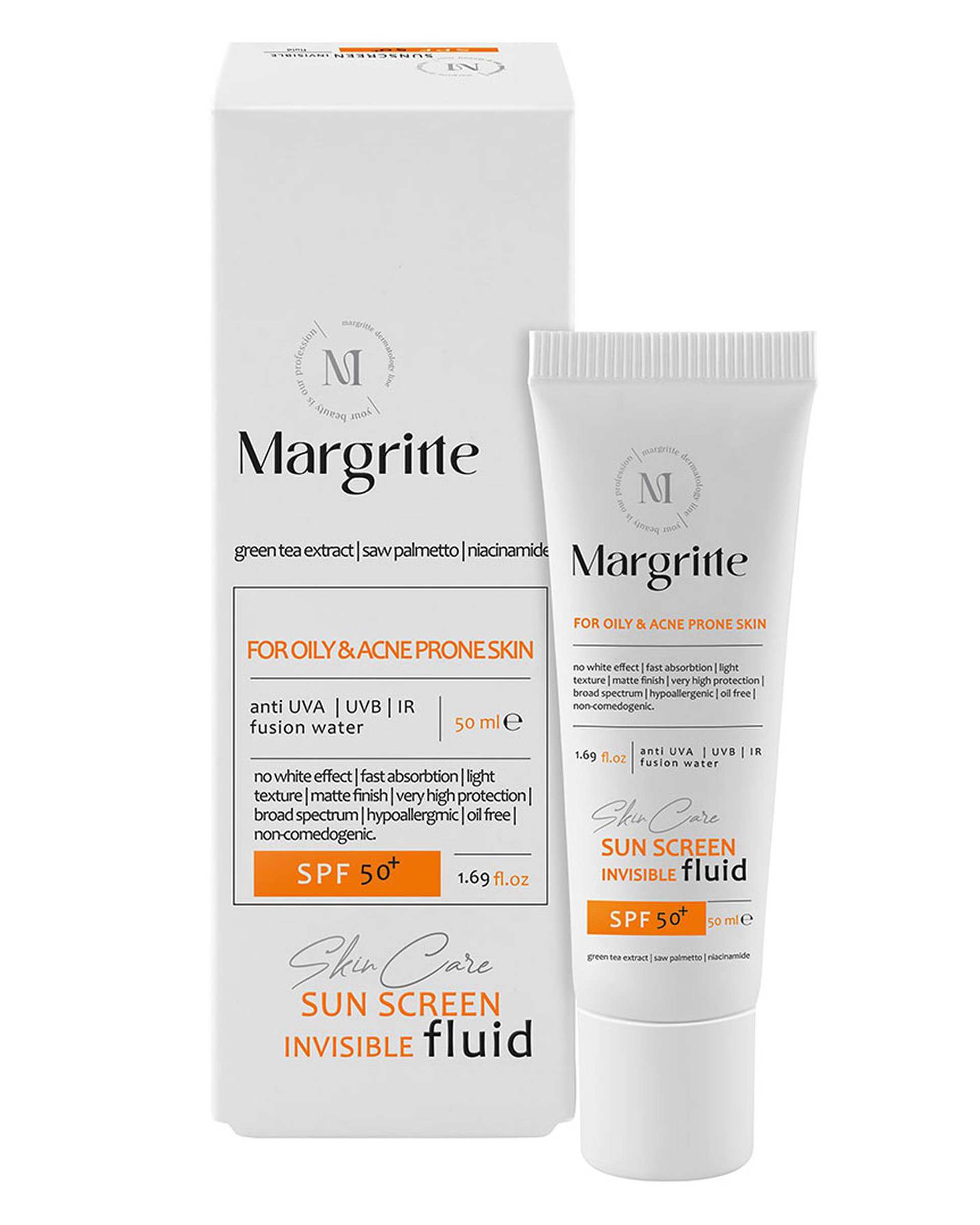 فلوئید ضد آفتاب بی رنگ SPF50 مارگریت Margritte مناسب پوست نرمال تا خشک حجم 50ml