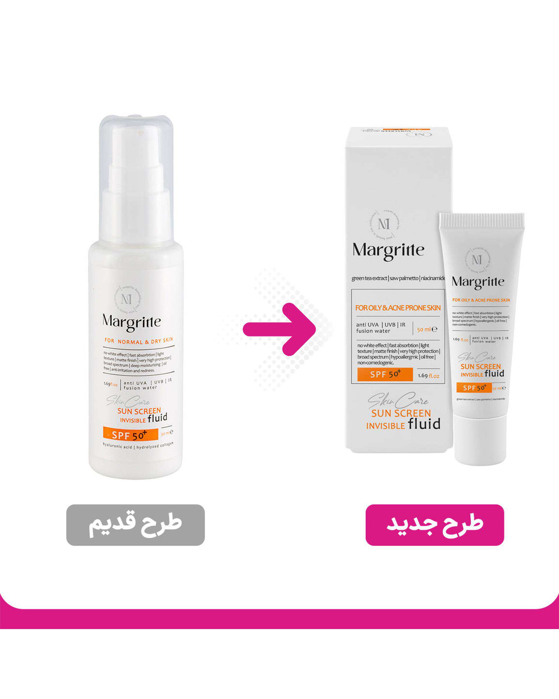 فلوئید ضد آفتاب بی رنگ SPF50 مارگریت Margritte مناسب پوست نرمال تا خشک حجم 50ml