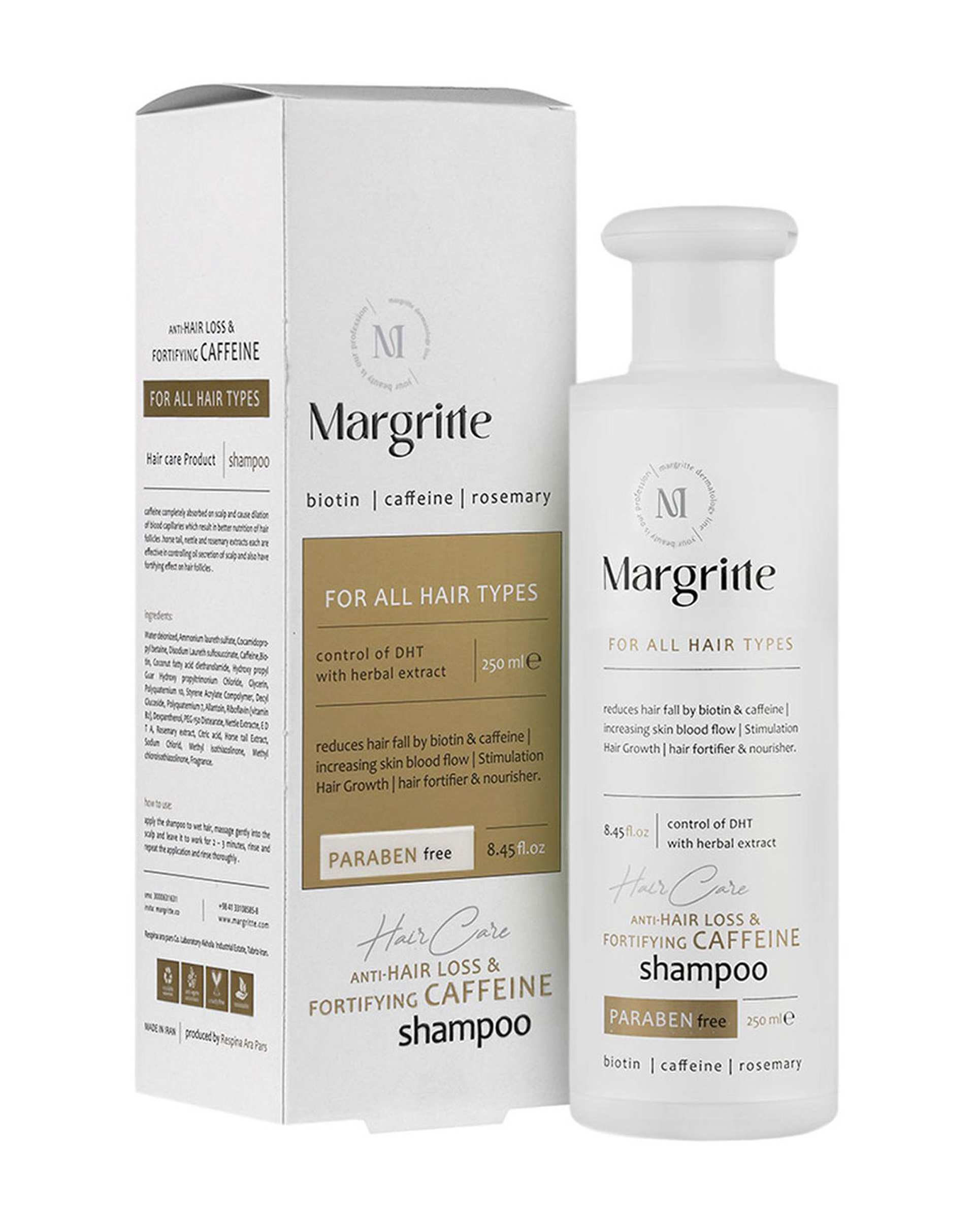 شامپو تقویتی و ضد ریزش مو مارگریت Margritte حاوی کافئین مناسب انواع مو حجم 250ml