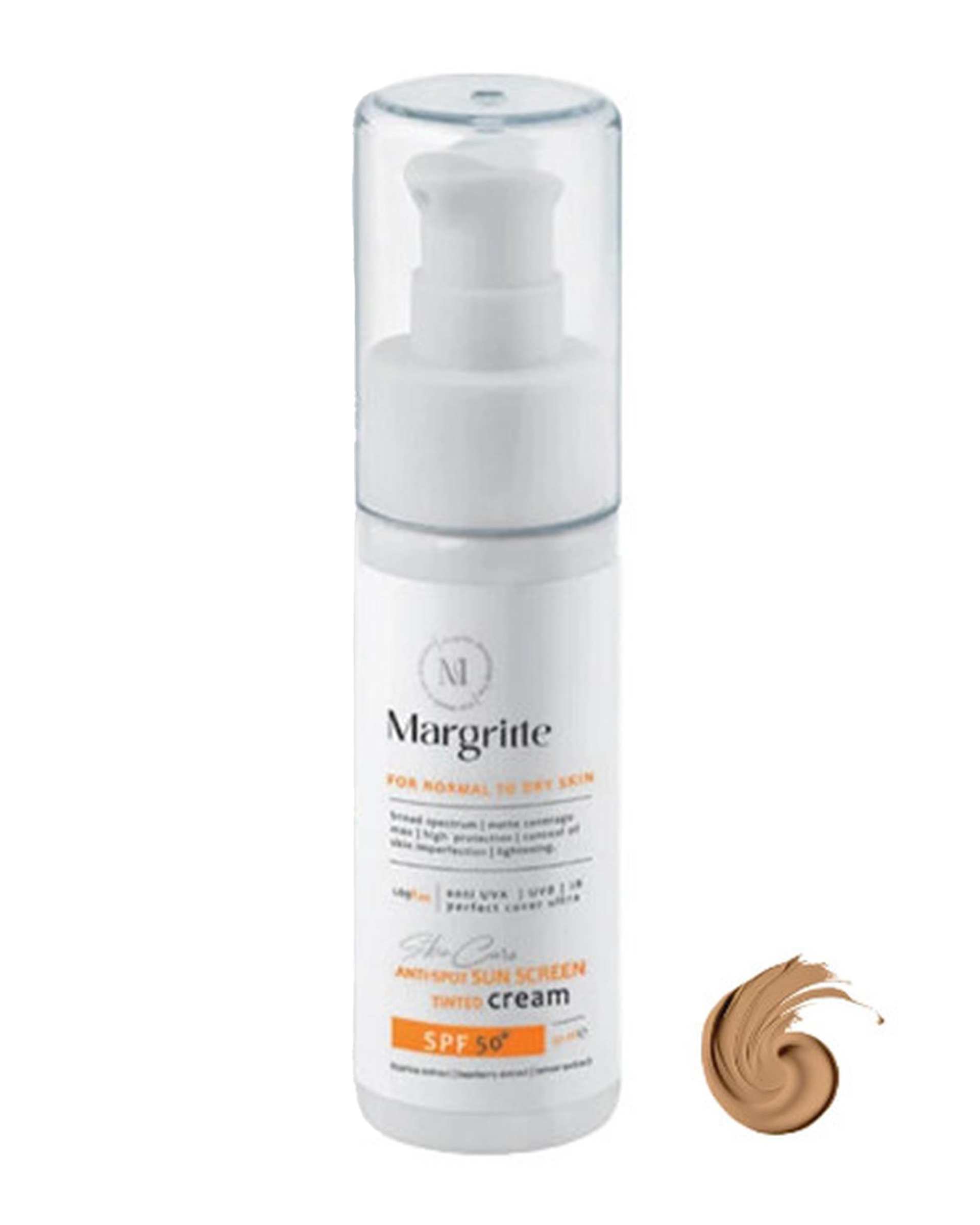کرم ضد آفتاب رنگی SPF50 مارگریت Margritte مناسب پوست نرمال تا خشک بژ روشن حجم 50ml