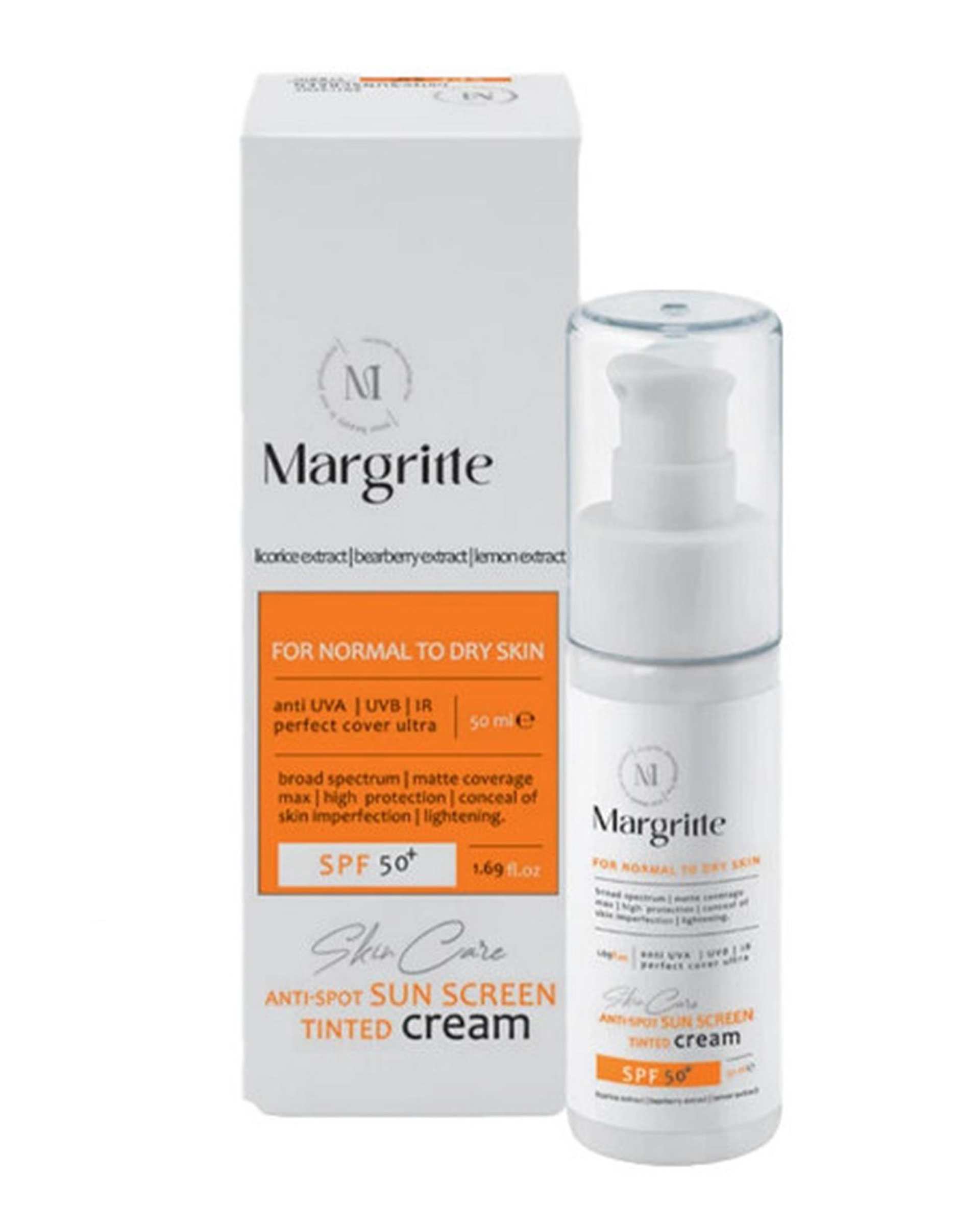 کرم ضد آفتاب رنگی SPF50 مارگریت Margritte مناسب پوست نرمال تا خشک بژ روشن حجم 50ml