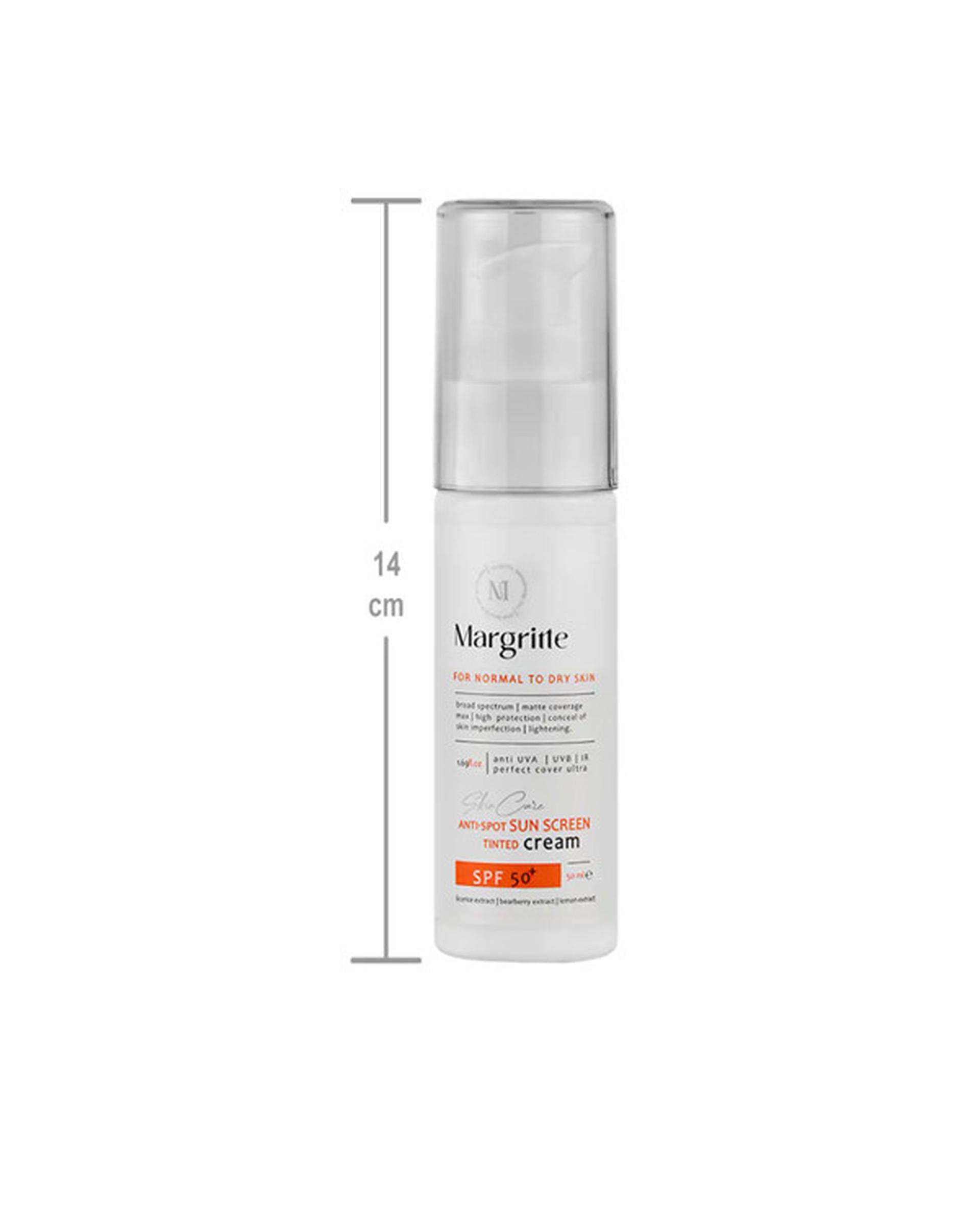 کرم ضد آفتاب رنگی SPF50 مارگریت Margritte مناسب پوست نرمال تا خشک بژ روشن حجم 50ml