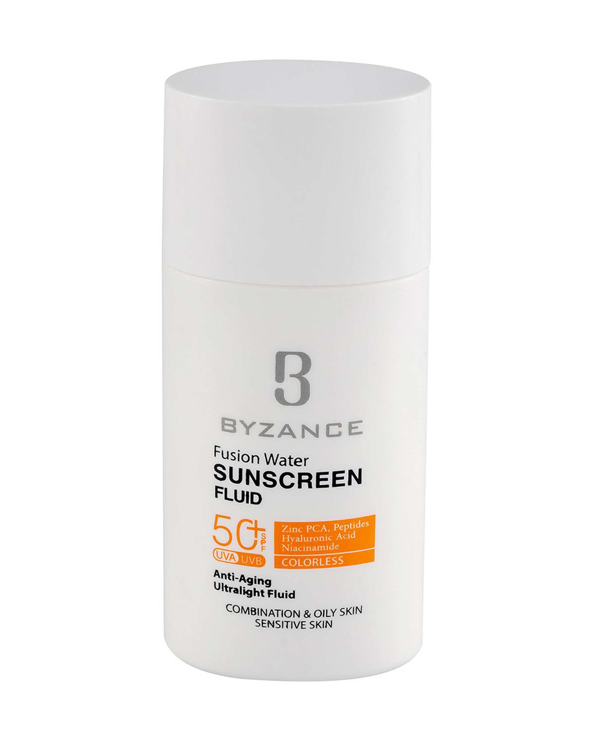 فلوئید ضد آفتاب بی رنگ SPF50 بیزانس Byzance مدل فیوژن واتر حاوی ضد چروک حجم 50ml