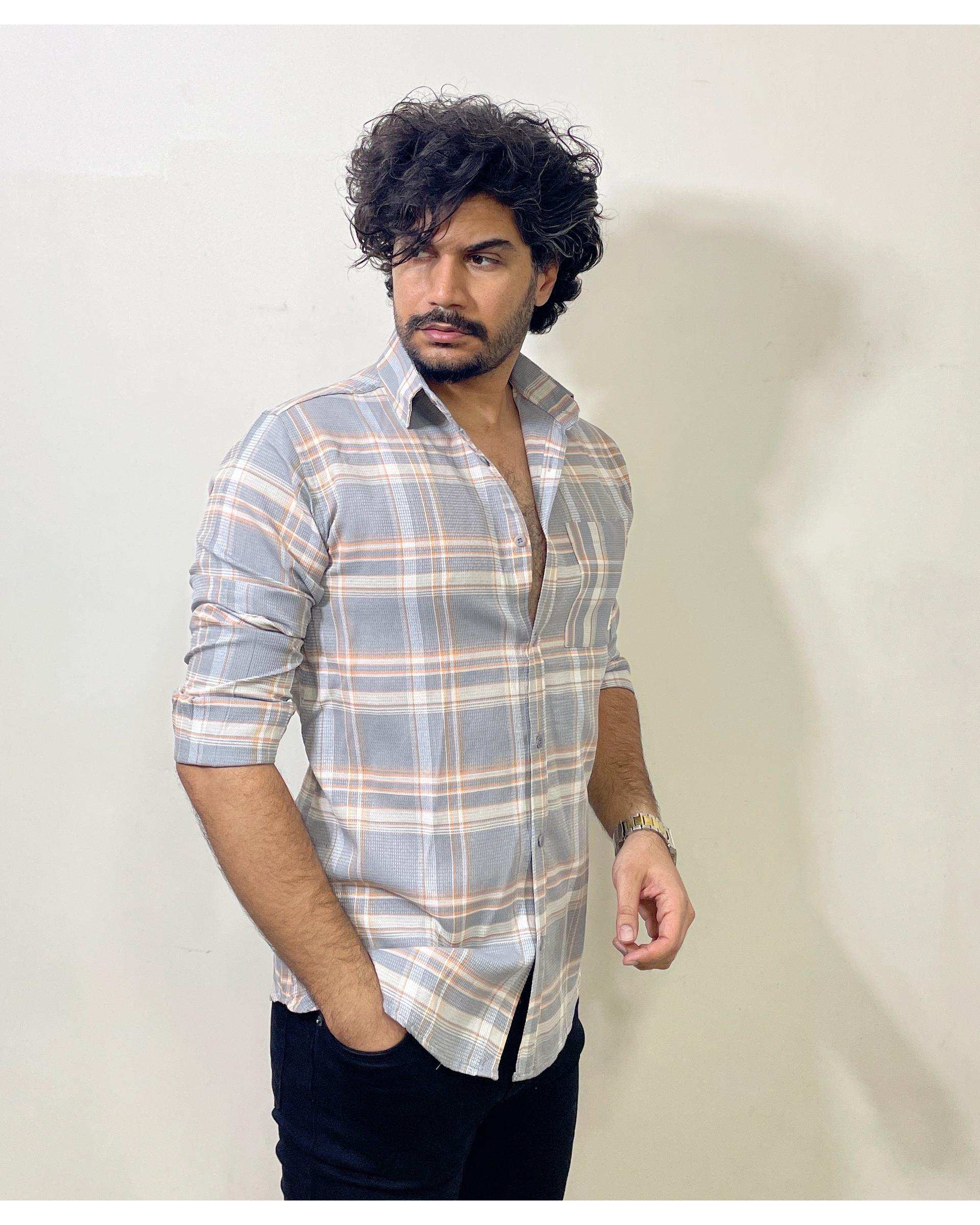 پیراهن مردانه طوسی چهارخانه دیورسو Diverso کد 4875