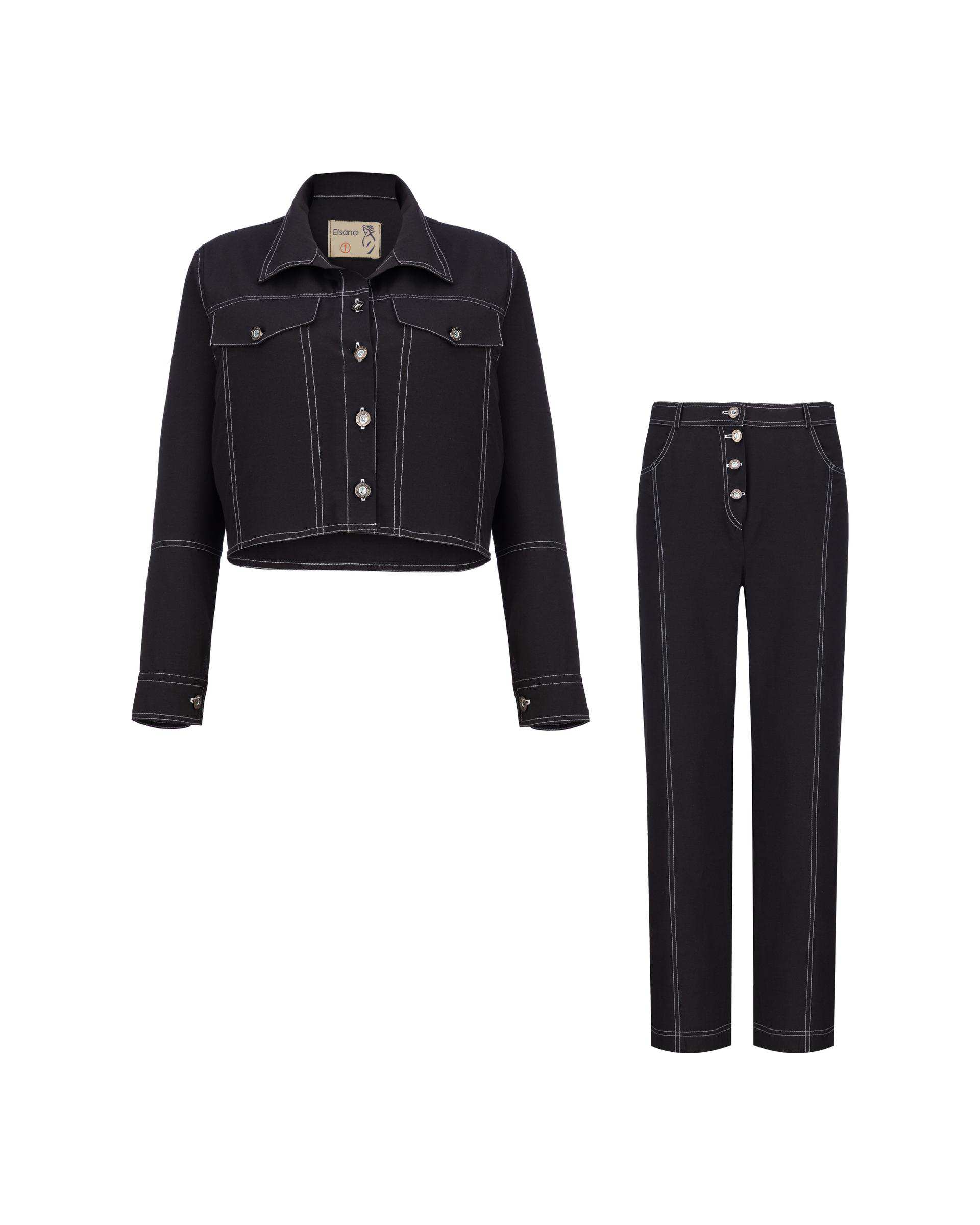 ست کت کراپ و شلوار زنانه مشکی مدل آرتیمان السانا Elsana کد 2417