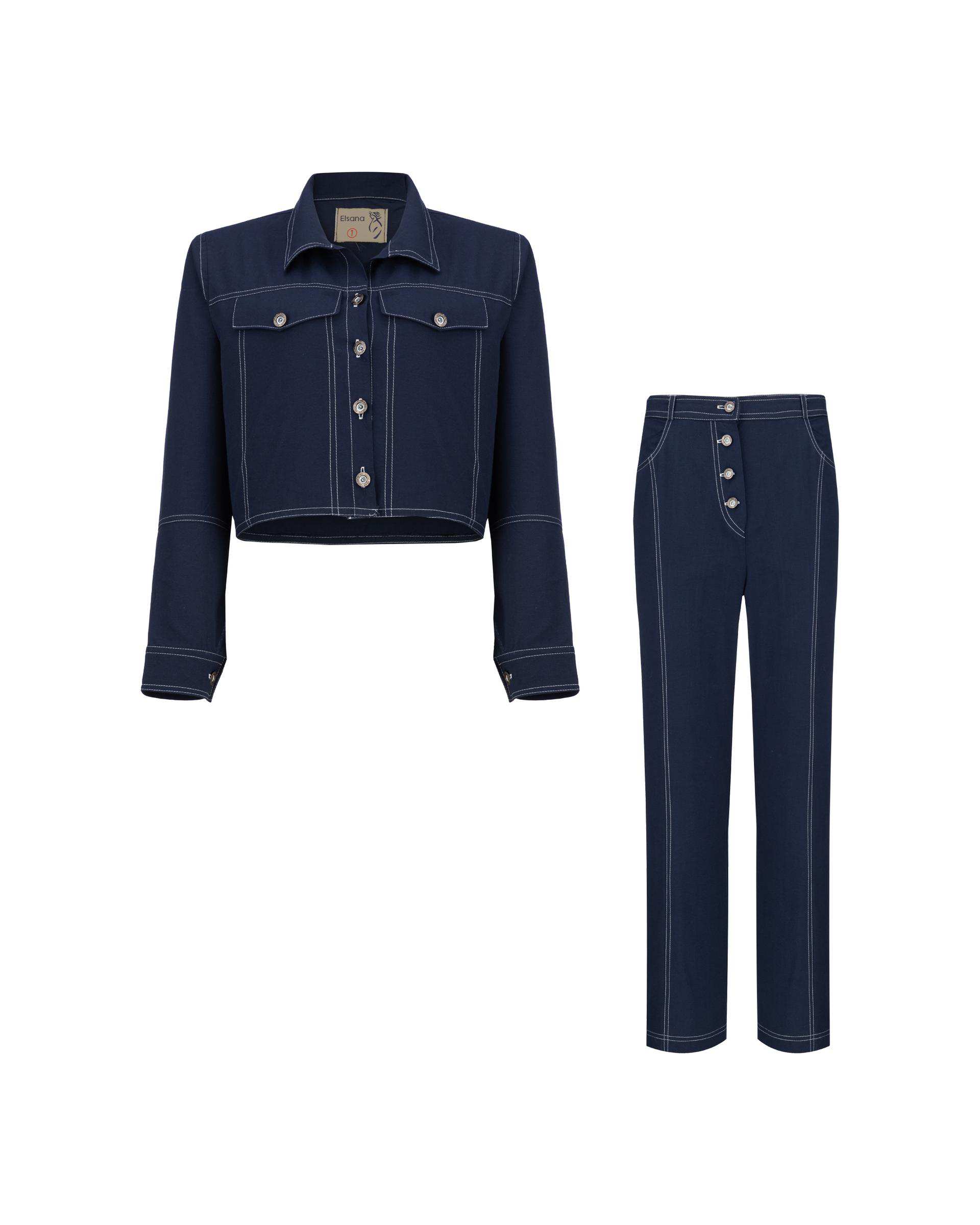 ست کت کراپ و شلوار زنانه سرمه ای مدل آرتیمان السانا Elsana کد 2417