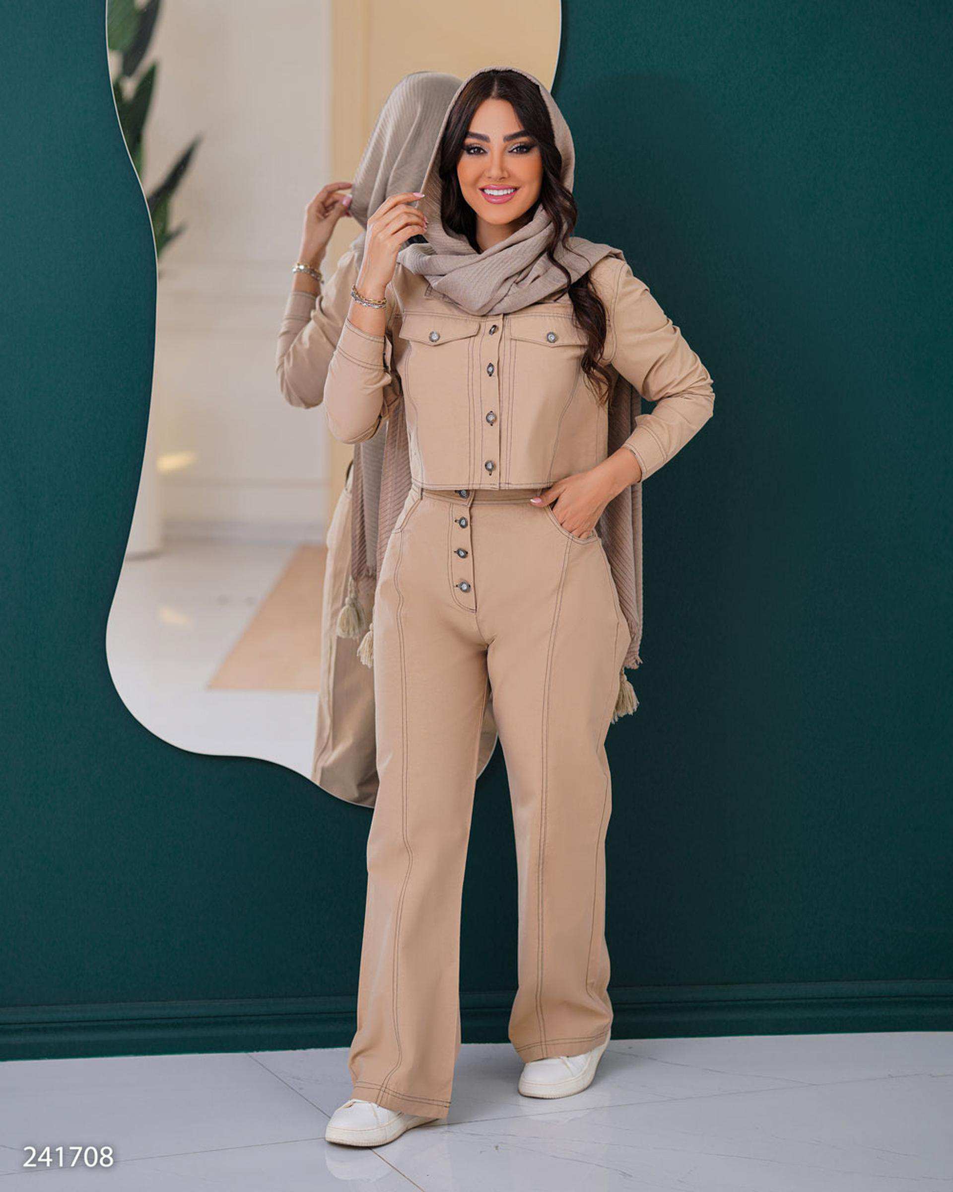 ست کت کراپ و شلوار زنانه کرم مدل آرتیمان السانا Elsana کد 2417