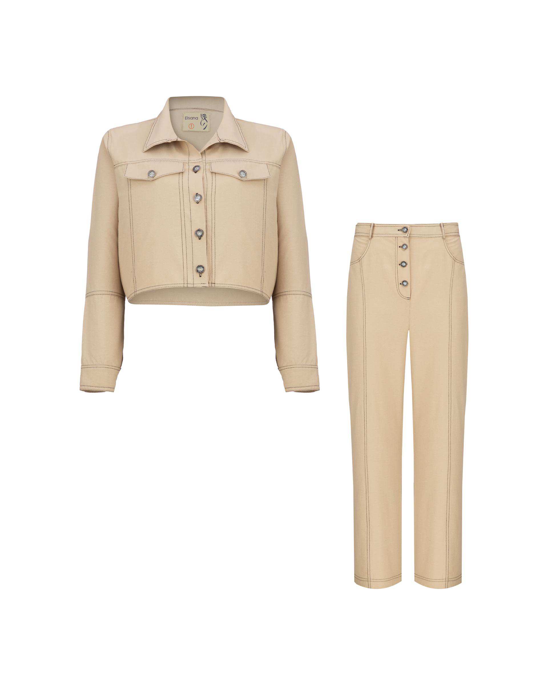 ست کت کراپ و شلوار زنانه کرم مدل آرتیمان السانا Elsana کد 2417