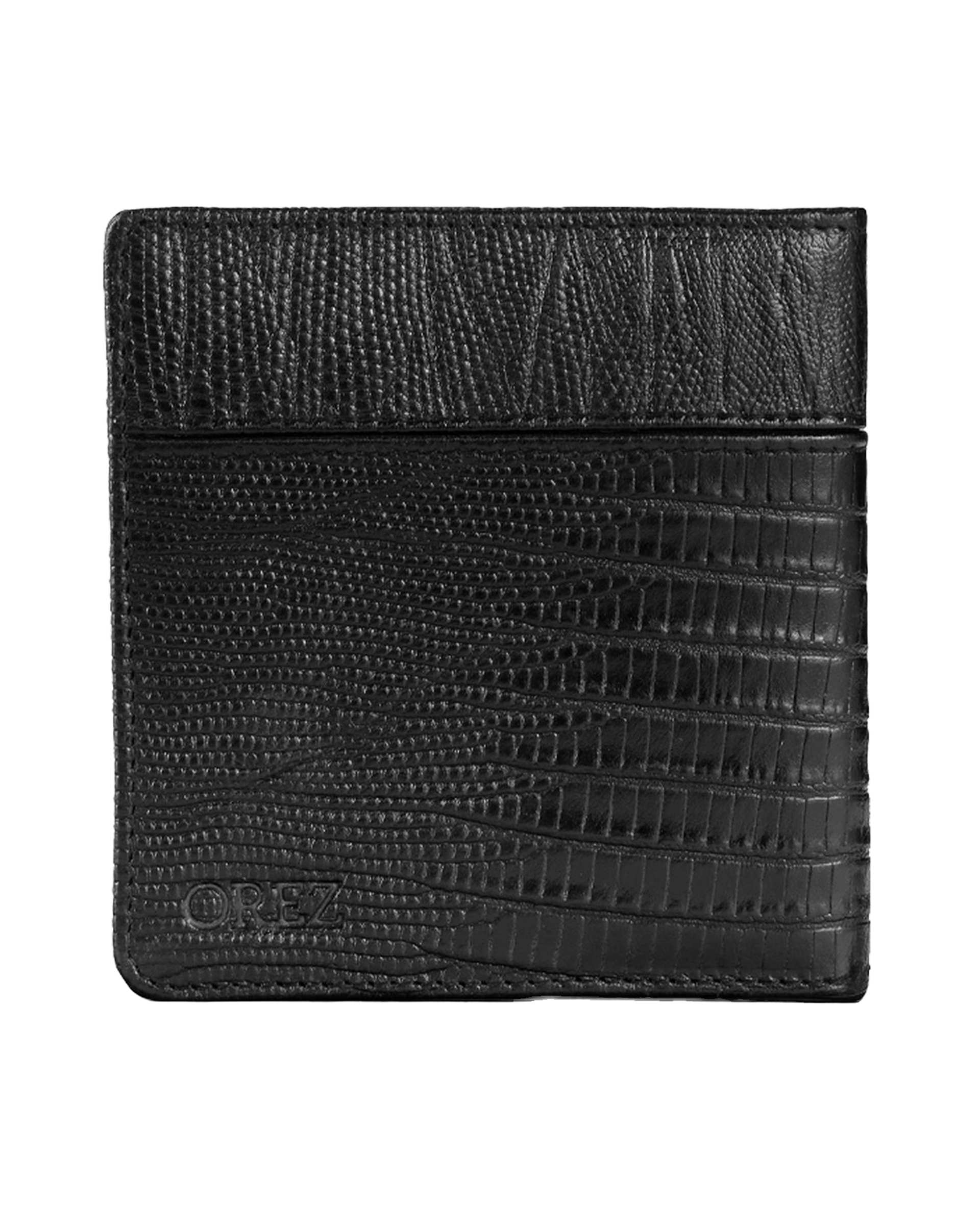 کیف پول چرم طبیعی مردانه لیزارد مشکی اورز Orez مدل COOPERکد BFB115
