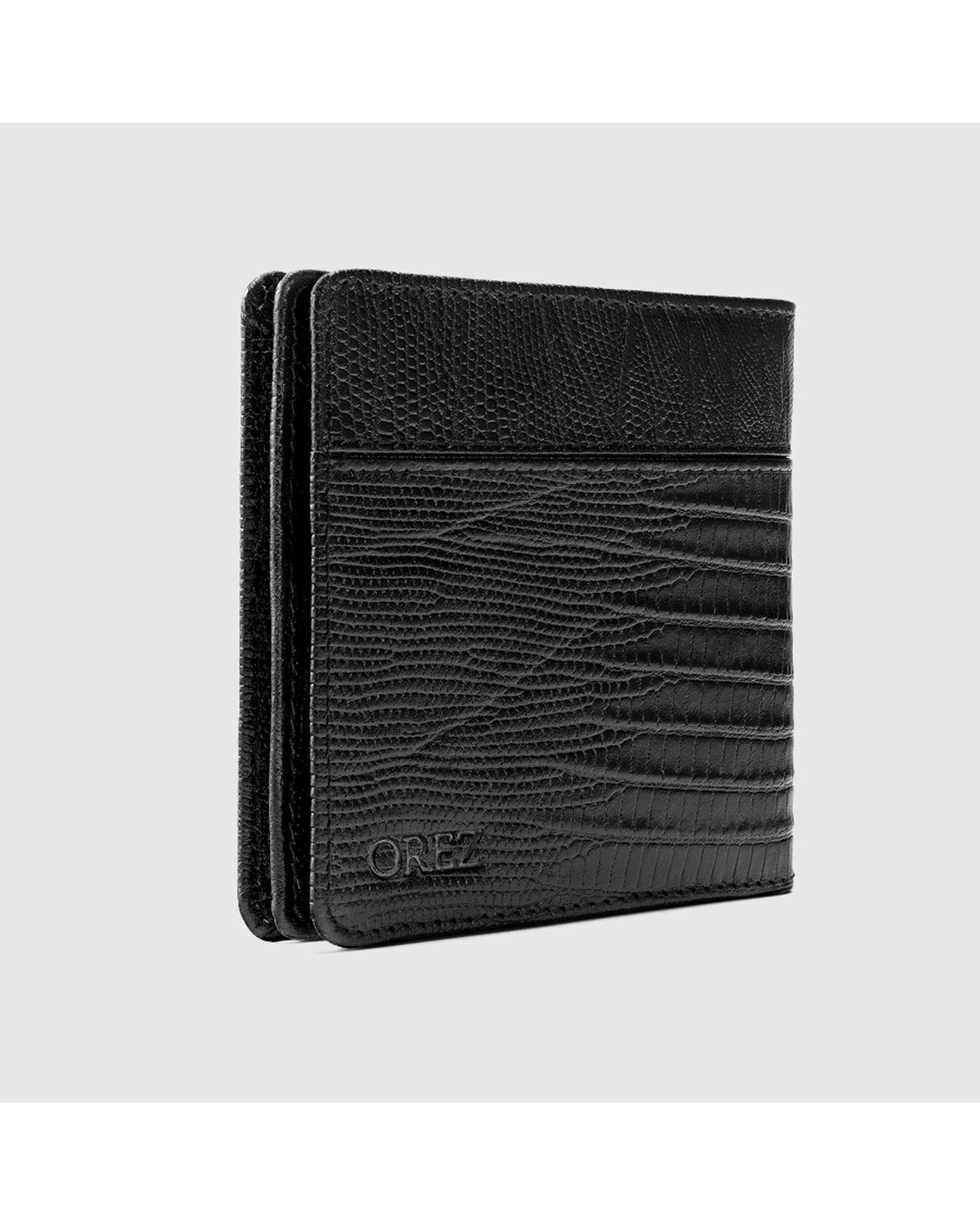 کیف پول چرم طبیعی مردانه لیزارد مشکی اورز Orez مدل COOPERکد BFB115