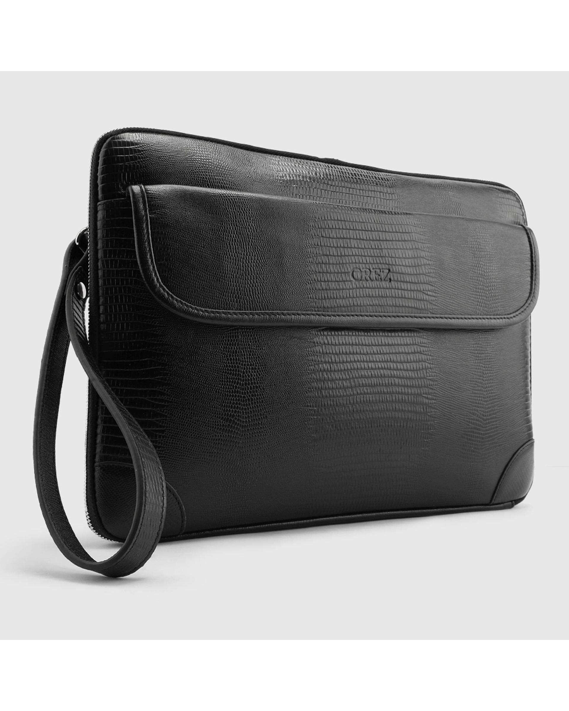 کیف فولدر چرم طبیعی لیزارد مشکی اورز Orez مدل VALENCIAکد LDF110