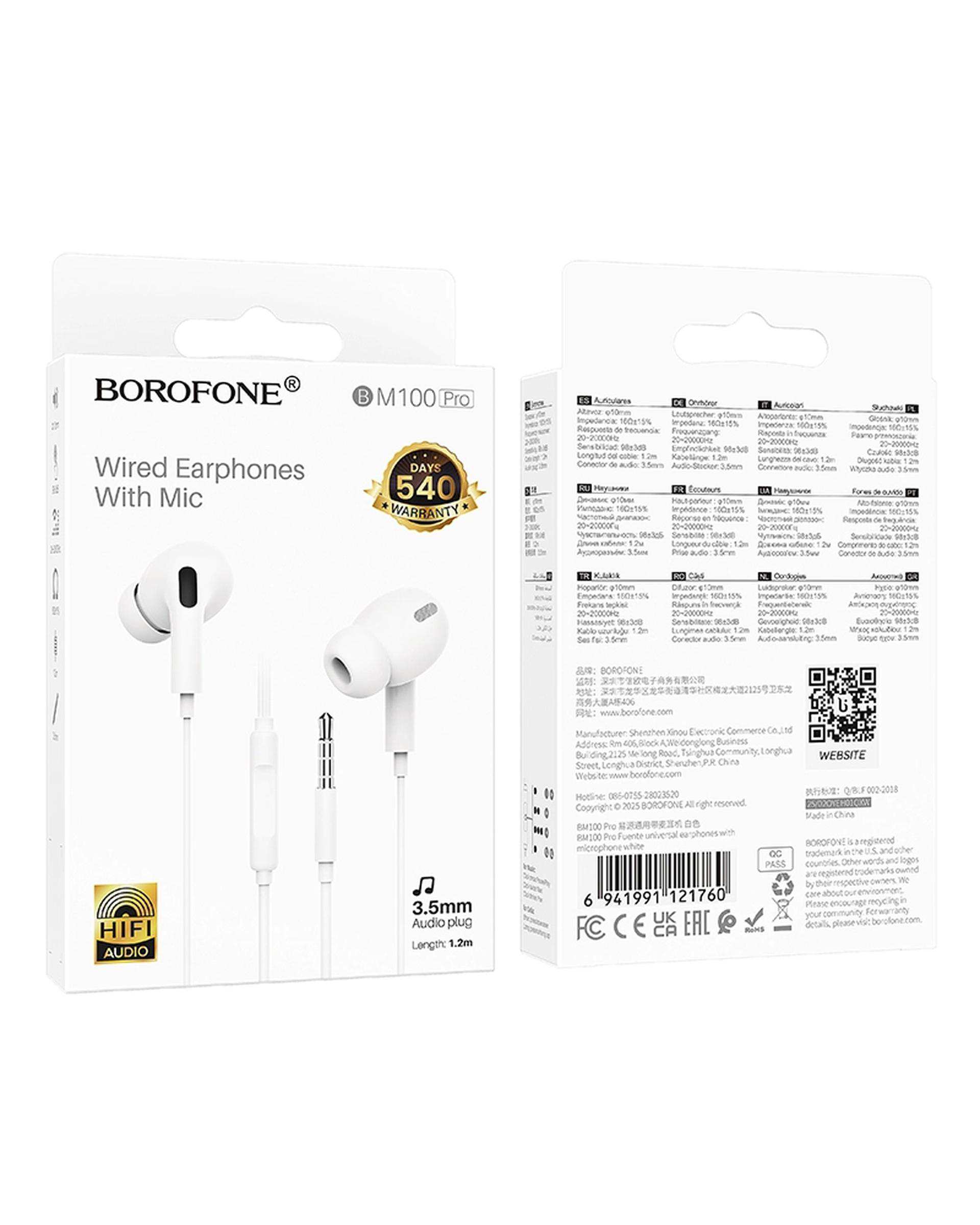 هندزفری سیمی سفید بروفون Borofone مدل BM100 PRO