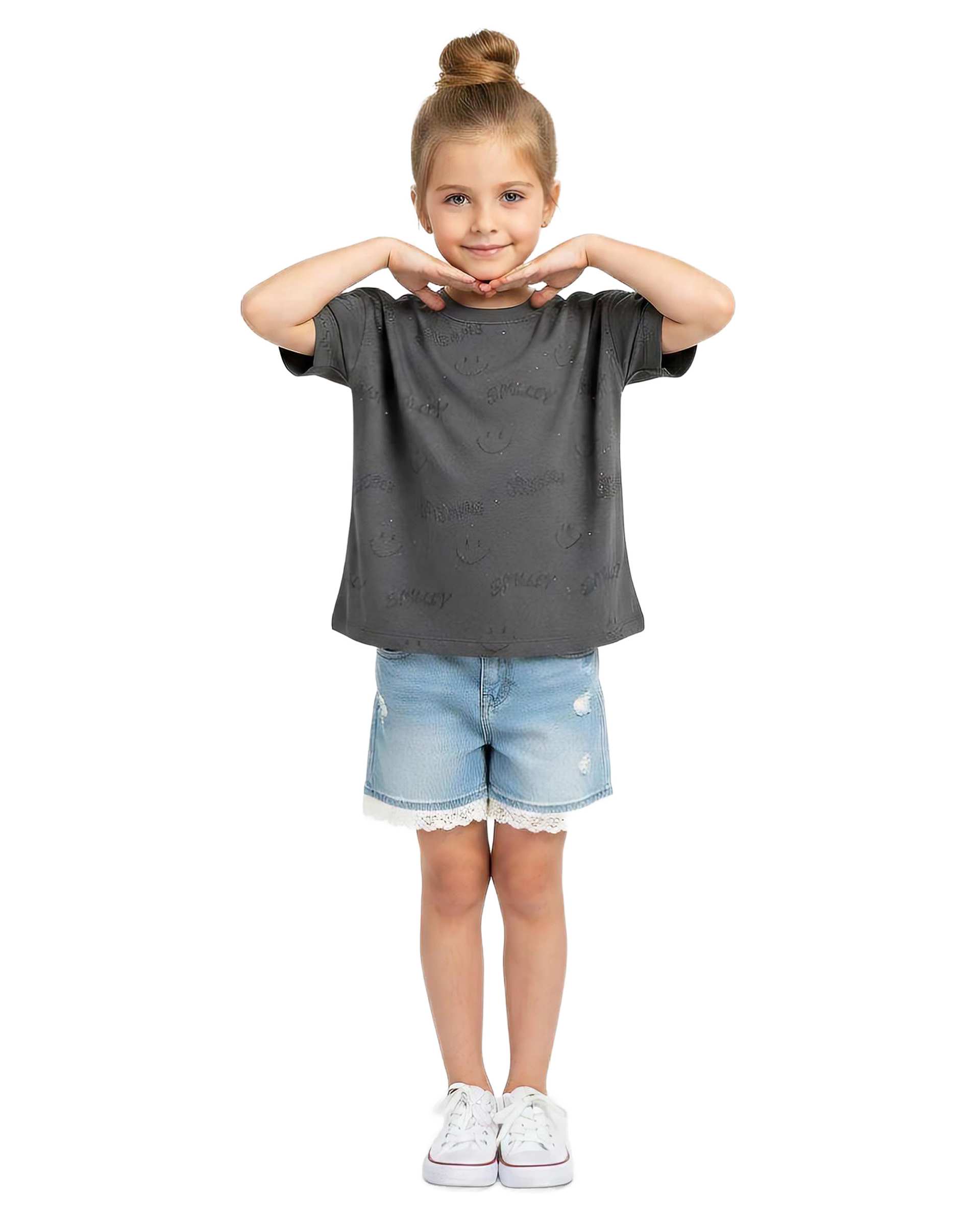 تیشرت دخترانه نوک مدادی لئو کیدز Leo Kids طرح اسمایل لیزری کد 5878-3