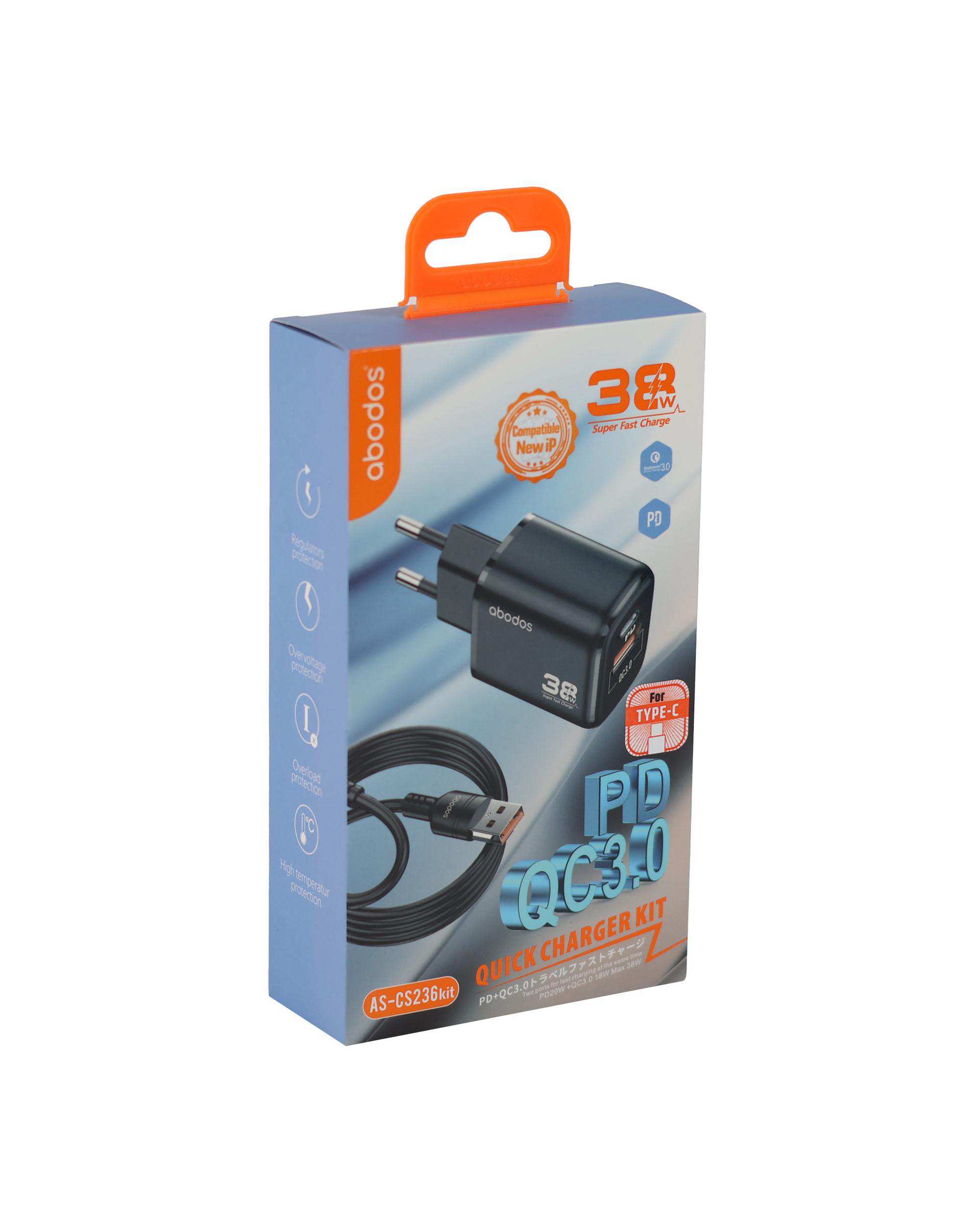 شارژر دیواری مشکی آبادوس Abodos مدل AS-CS236KIT به همراه کابل Type-c