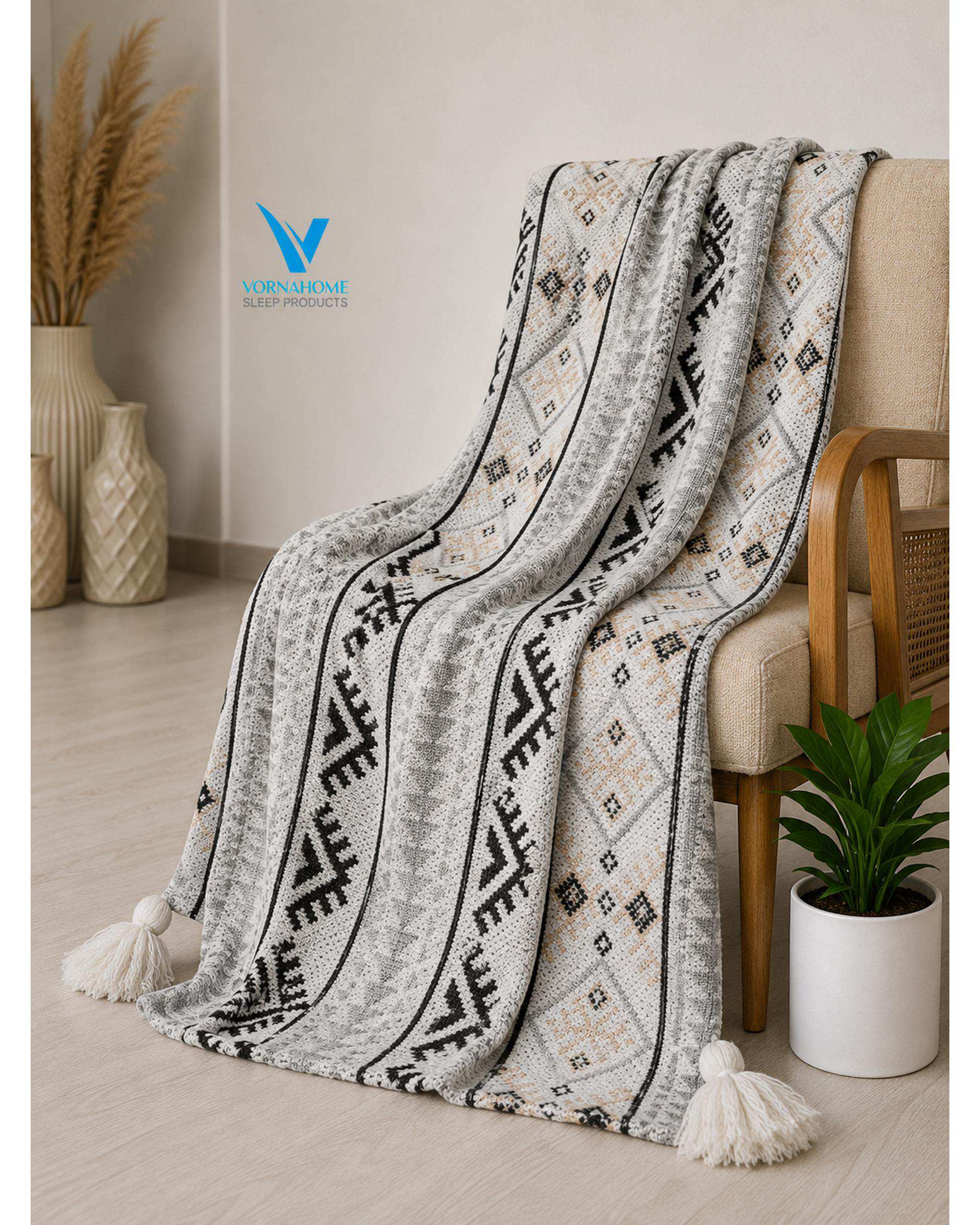 شال مبل سایز 180×140 طوسی ورنا هوم Vornahome طرح گلیم