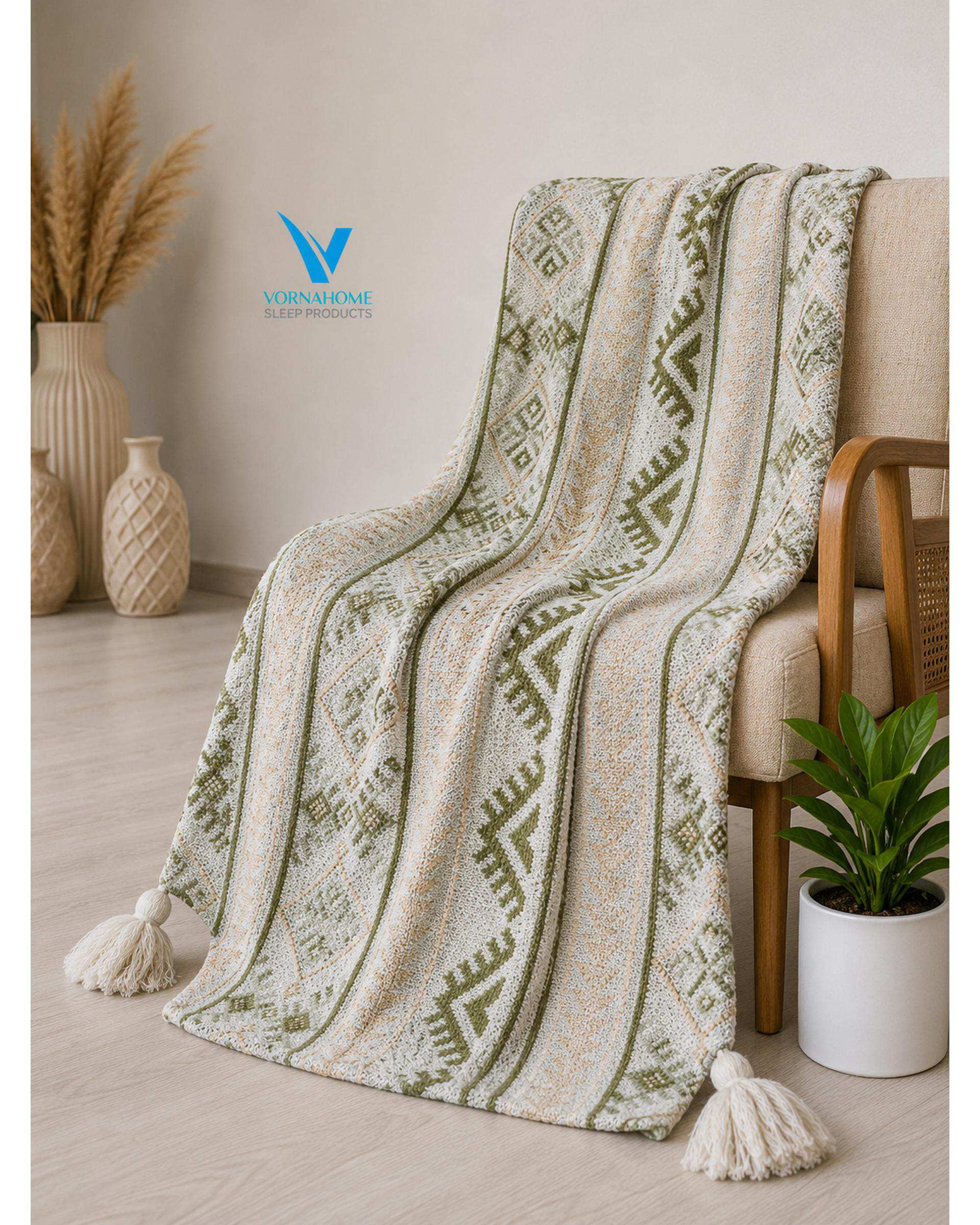 شال مبل سایز 180×140 سبز چمنی ورنا هوم Vornahome طرح گلیم