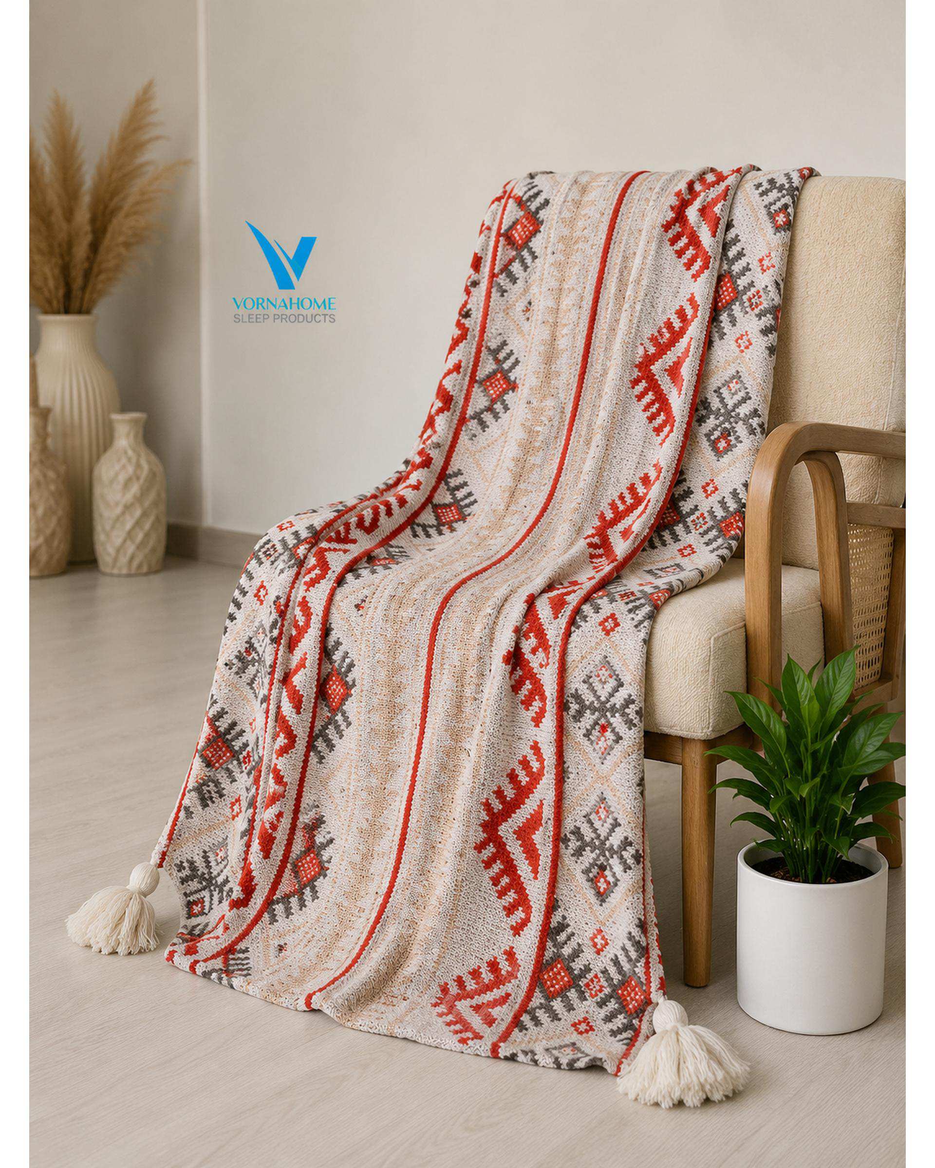 شال مبل سایز 180×140 قرمز ورنا هوم Vornahome طرح گلیم