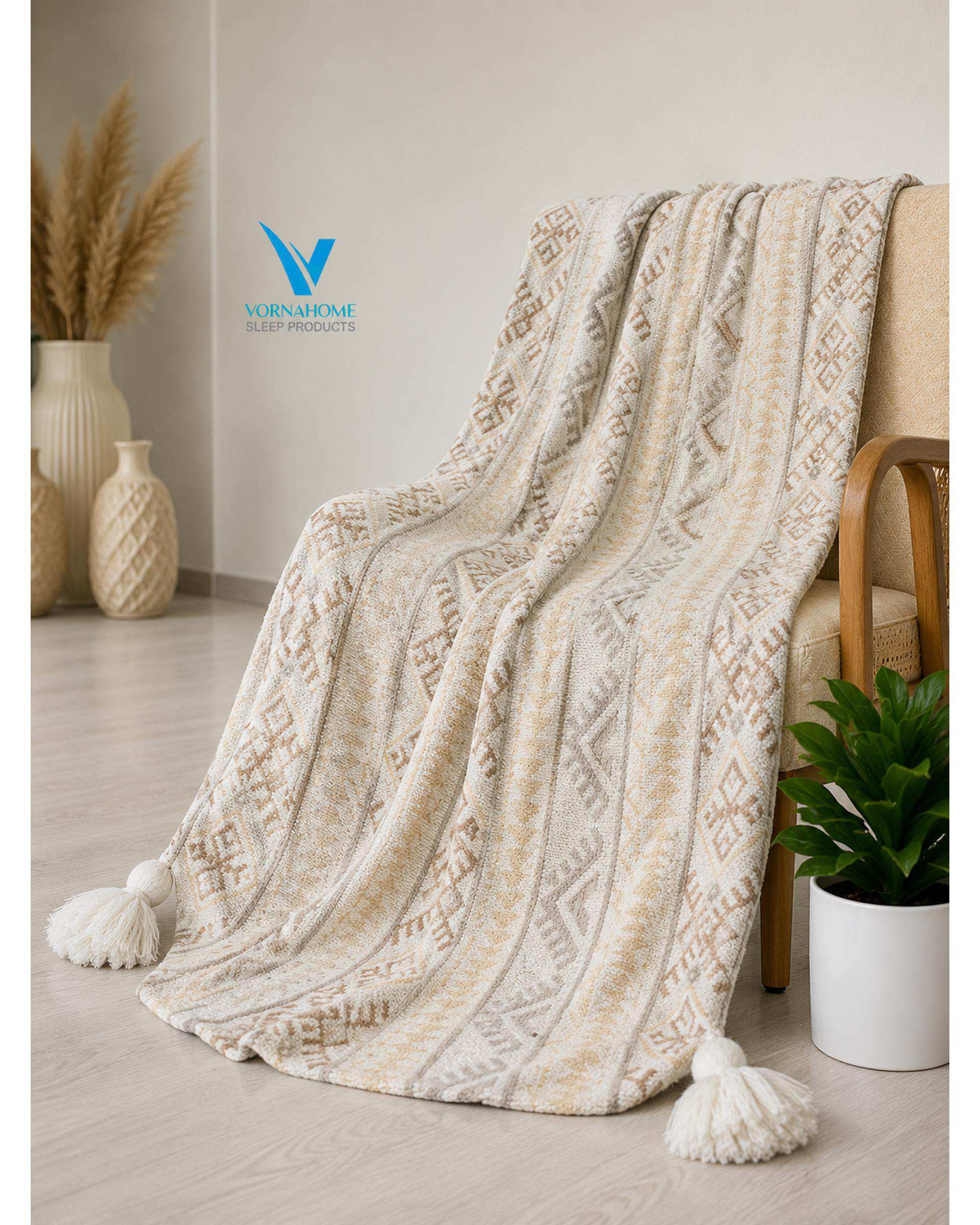 شال مبل سایز 180×140 کرم ورنا هوم Vornahome طرح گلیم