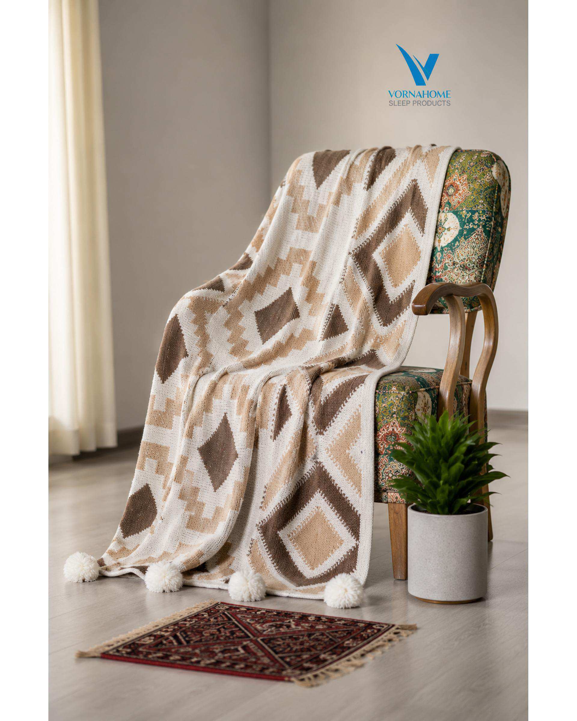 شال مبل سایز 180×140 قهوه ای مسی ورنا هوم Vornahome طرح پانچ