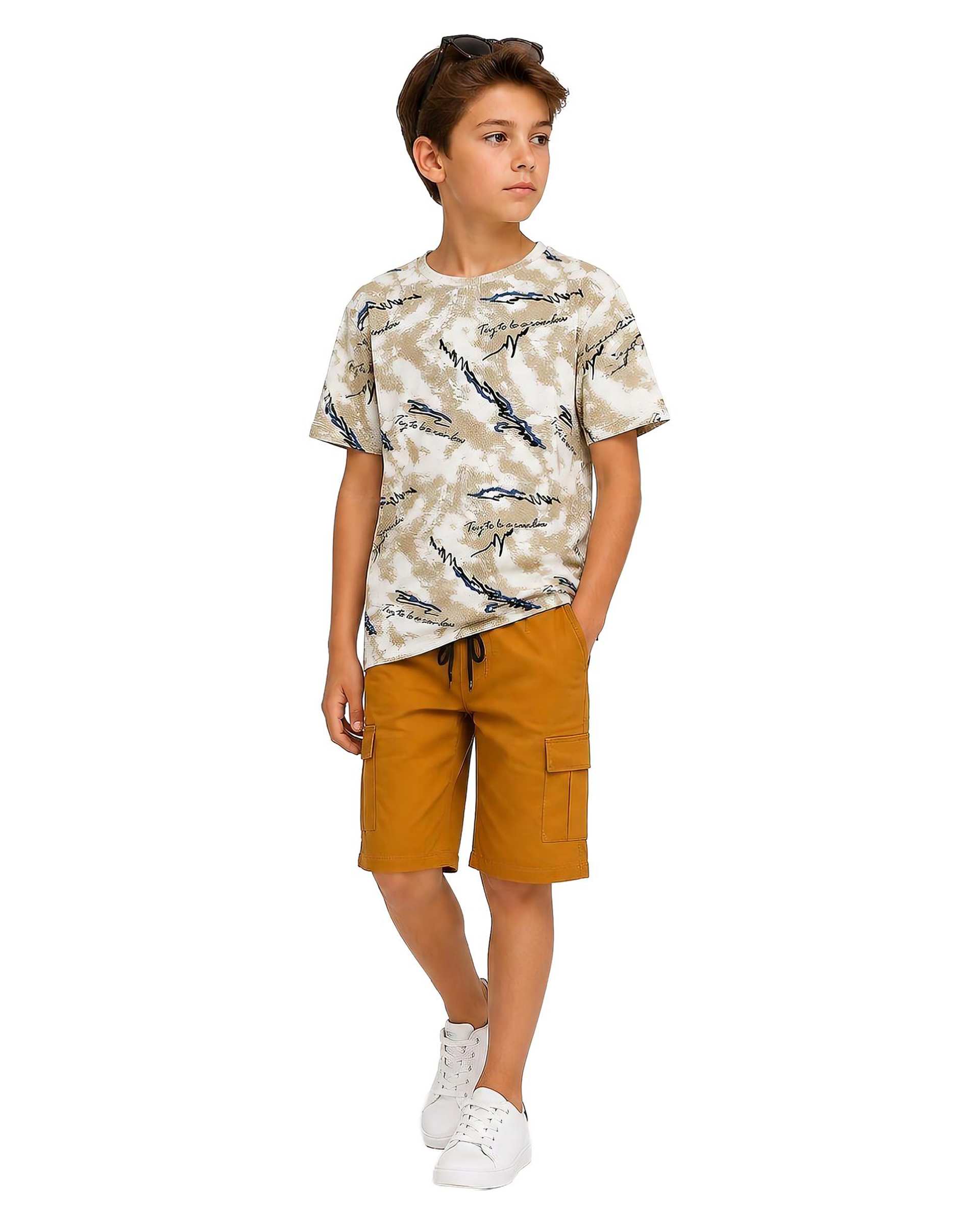 ست تیشرت و شلوارک پسرانه خردلی لئو کیدز Leo kids کد 5880