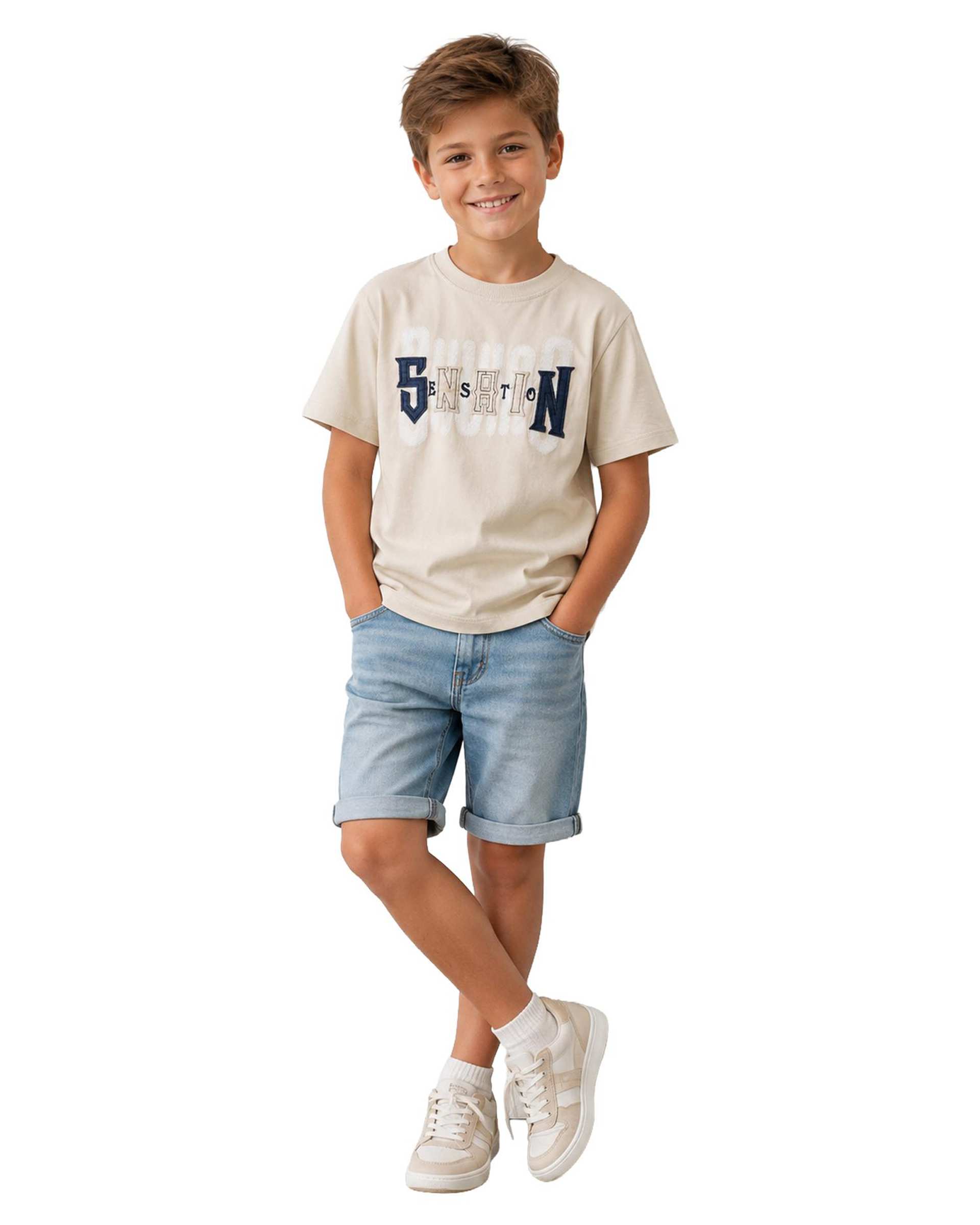 تیشرت پسرانه تکه دوزی کرم لئو کیدز Leo kids کد 2-5885