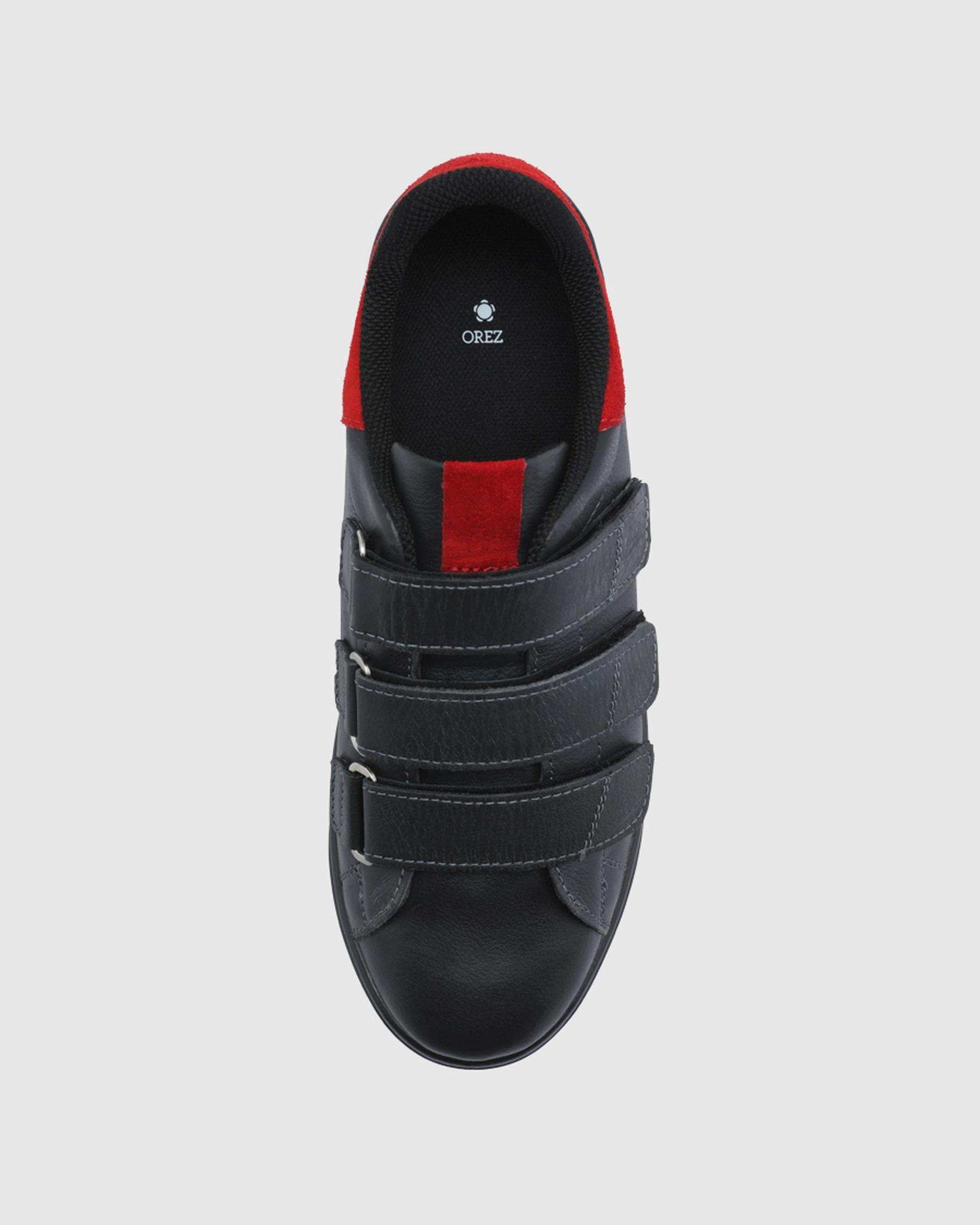 کفش چرم زنانه مشکی قرمز اورز OREZ مدل MIA VELCRO کد WCK218