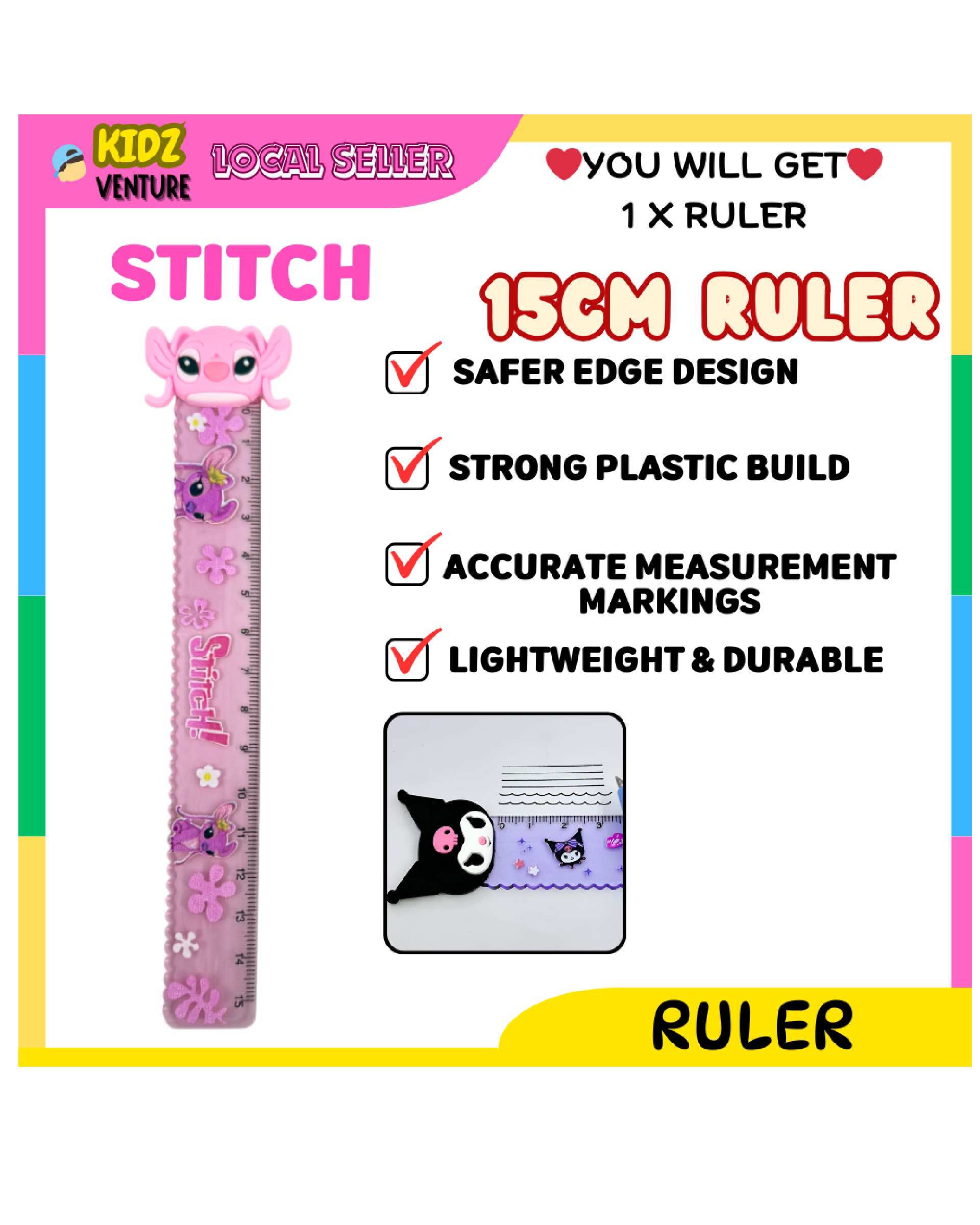 خط کش فانتزی 15 سانتیمتری طرح استیچ stitch کد 001