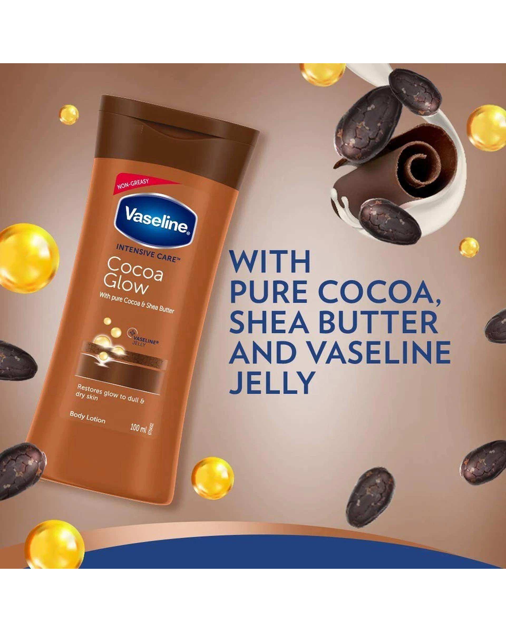 لوسیون بدن وازلین Vaseline مدل Cocoa Glow حاوی عصاره کاکائو خالص حجم 100 میلی لیتر